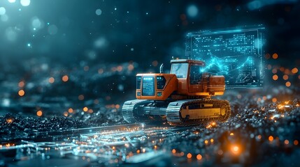 Poster - a futuristic mining robot equipped with holographic field projections that can detect and analyze ra