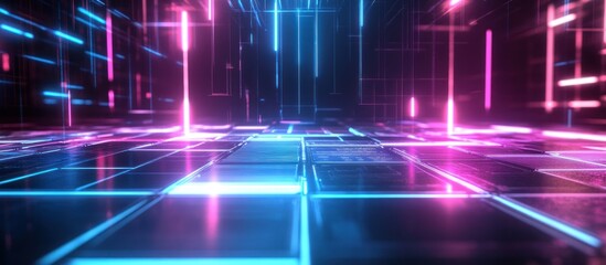 Poster - Futuristic neon grid floor with glowing lines.