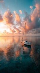 Aufkleber - A sailboat floats peacefully on tranquil tropical waters as the sun sets, casting brilliant colors across the sky and creating stunning reflections on the water’s surface