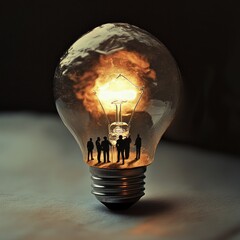 Poster - Miniature figures meeting inside a glowing lightbulb.