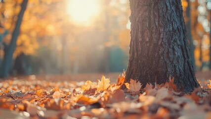Poster - Warm sunlight is illuminating a thick tree trunk and the ground covered with golden maple leaves in a park during a beautiful autumn afternoon