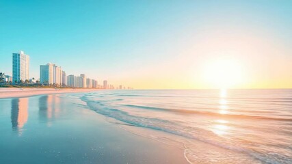 Poster - Gentle waves washing onto a sandy beach at sunrise, reflecting the golden light and the silhouette of a coastal city skyline, creating a serene and picturesque scene