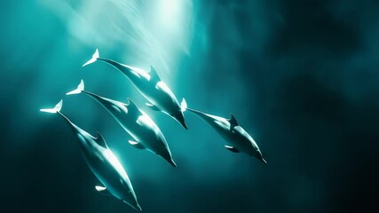 Poster - Group of dolphins swimming gracefully together in the sunlit depths of the ocean, forming a serene and captivating underwater scene filled with beauty and tranquility