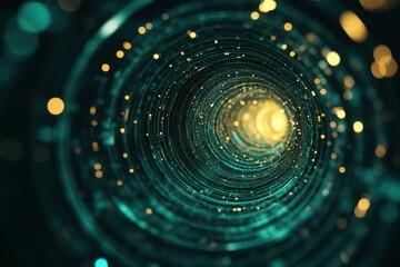Poster - A glowing teal tunnel with light streaks and bokeh lights are featured. This photo can illustrate data, technology or abstract ideas well.