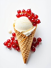 Poster - A scoop of vanilla ice cream in a waffle cone, topped with whipped cream and red berries, set against a gray background.
