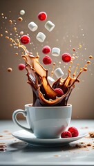 Poster - A cup of hot chocolate overflowing with marshmallows, raspberries, and cocoa powder, creating a splash effect.