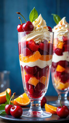 Poster - A glass filled with whipped cream and cherries on top, placed on a table with more cherries around it.