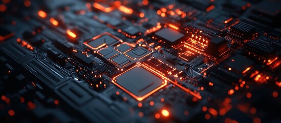 Fototapete - Close-up of a glowing circuit board with intricate details.