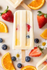 Poster - A popsicle with strawberry and blueberry toppings on a stick, surrounded by sliced oranges, strawberries, and blueberries.