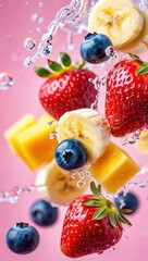 Poster - A vibrant mix of fruits in water, including strawberries, blueberries, bananas, and oranges.