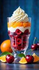 Poster - A glass bowl filled with whipped cream, cherries, and oranges, topped with a scoop of vanilla ice cream.