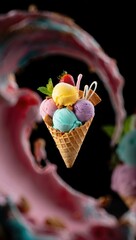 Poster - A colorful ice cream cone with various flavored scoops of ice cream on a black background.
