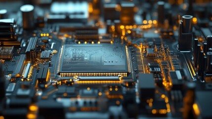 Fototapete - Close-up of illuminated CPU on a circuit board.