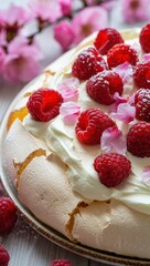 Poster - A round cake with white frosting and raspberries on top, sitting on a metal plate with a wooden table in the background.