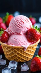 Poster - A scoop of strawberry ice cream in a waffle cone surrounded by fresh strawberries on a dark surface.