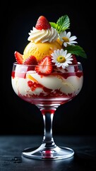 Poster - A glass bowl filled with strawberry ice cream and topped with whipped cream, strawberries, flowers, and sprigs of mint.