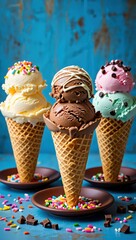 Poster - Three chocolate ice cream cones on brown plates, topped with sprinkles and drizzled with chocolate syrup.