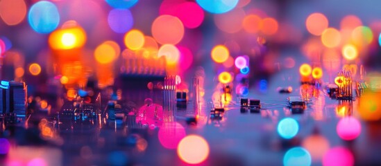 Fototapete - Abstract colorful bokeh lights illuminating circuit board components.