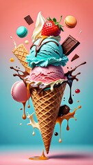 Poster - Ice cream cones overflowing with various flavored ice cream in vibrant colors against a gradient blue background.