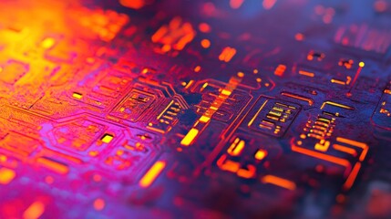 Fototapete - Close-up of a vibrant circuit board with intricate pathways illuminated in warm and cool tones.