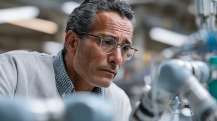 Poster - A Hispanic engineer wearing glasses closely examines robotic machinery in a high-tech engineering workshop, showcasing dedication and problem-solving skills. The workshop is well-equipped with tools