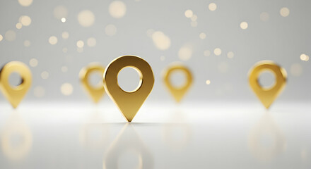 Fototapete - Locating Points with Golden Map Markers on White Surface