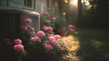 Poster - Pink flowers blooming near outdoor air conditioning unit in sunlit garden setting