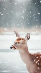 Poster - Beautiful young deer standing gracefully in a snowy landscape, surrounded by gently falling snowflakes, creating a serene and captivating winter wonderland scene
