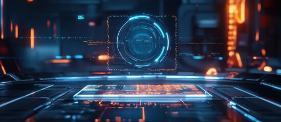Poster - futuristic digital interface with glowing blue and orange hud elements.