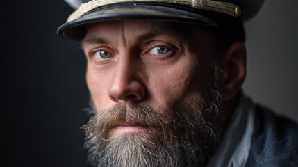 Aufkleber - A man wearing a military hat has a neatly groomed beard and is focused on something off-camera. The lighting highlights his features, suggesting a thoughtful mood in a close-up view