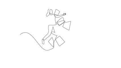 Poster - Self drawing animation of continuous one line drawing female worker jumps with both arms outstretched. Free. Winning big project scores. Getting awards. National Fun at Work Day. Full length animated