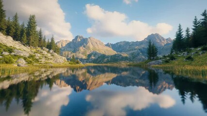 Poster - Crystal clear mountain lake mirroring surrounding peaks and lush vegetation under a dynamic cloudy sky creates a breathtaking natural spectacle