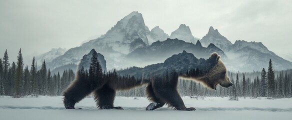 Wall Mural - majestic bear in snowy mountain landscape