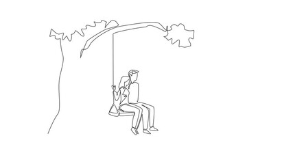 Poster - Animation of one line drawing a married couple sitting on a swing hanging from a tree. Long deep talk. Sweetheart. Warmth. National Hug Day. Continuous line self drawing animated. Full length motion