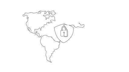 Poster - Self drawing animation of single continuous line drawing the shield and padlock with world map background. The world is connected through the internet. Data Privacy Day. Full length animated