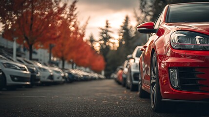 Leinwandbilder - Row of cars are parked in a lot, with the red car being the most prominent
