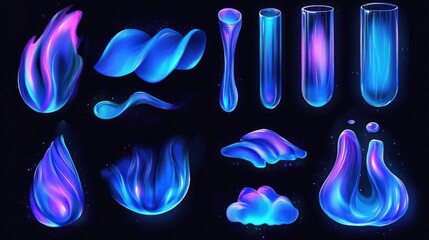 Poster - Abstract neon blue and purple liquid shapes, flames, and test tubes on a black background.