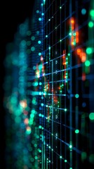 Poster - Abstract Data Network Teal Green and Red Glowing Lines on Dark Background