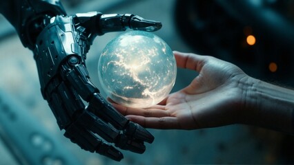 Aufkleber - Robot and human sharing glowing planet earth in their hands