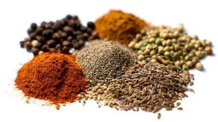 Poster - Set mix seasoning, spicy chili pepper flakes, coriander seeds, tikka masala spice powder mix, sumac, caribbean curry pile, milled linseed, anise seeds spice, on white or