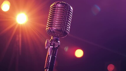 Poster - Classic microphone stands ready for a singer, comedian, or speaker to use on a small round wooden table against a teal backdrop, creating a simple yet elegant setup