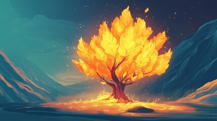 Poster - Fiery tree of life ablaze in mystical landscape.