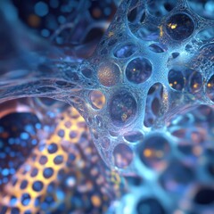 Poster - Abstract blue and gold organic structure with holes and glowing particles.