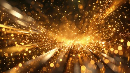 Poster - Abstract golden waves with glowing particles on a dark background. Digital artwork of digital wave with golden glowing dots connecting together. Technology innovation and communication concept. AIG53.