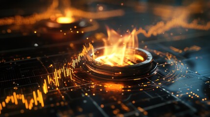 Poster - Burning metallic ring on futuristic tech interface with fire and data graphs.