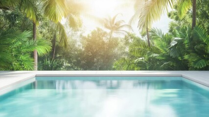 Aufkleber - Soft sunlight streaming through palm fronds, casting golden highlights on infinity pool edge, revealing lush tropical jungle landscape beneath calm, luxurious resort setting