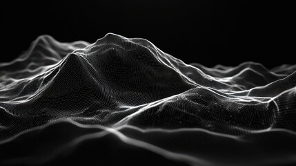 Poster - Abstract grayscale digital landscape of mountains and valleys, rendered in a wireframe style against a black background.