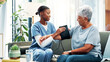 © FrameFlex/peopleimages.com - Senior woman, nurse and test for blood pressure in nursing home, medical care or health exam on arm. Living room, diagnosis and conversation for healthcare, cardiovascular support or heart monitoring