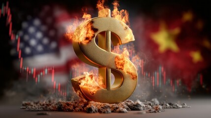 Poster - A golden dollar symbol is engulfed in vibrant flames, symbolizing economic turmoil, with a backdrop featuring financial graphs and the flags of the USA and China
