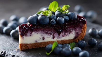 Poster - Slice of vegan bilberry blueberry cheesecake dessert topped with fresh blueberries and mint leaves, lactose intolerance, gluten, free products concept